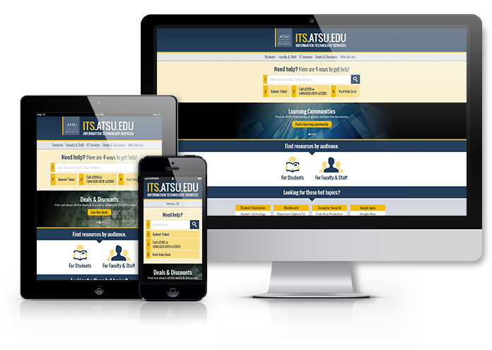 Screenshots of a university website mocked up on a phone, tablet and computer.