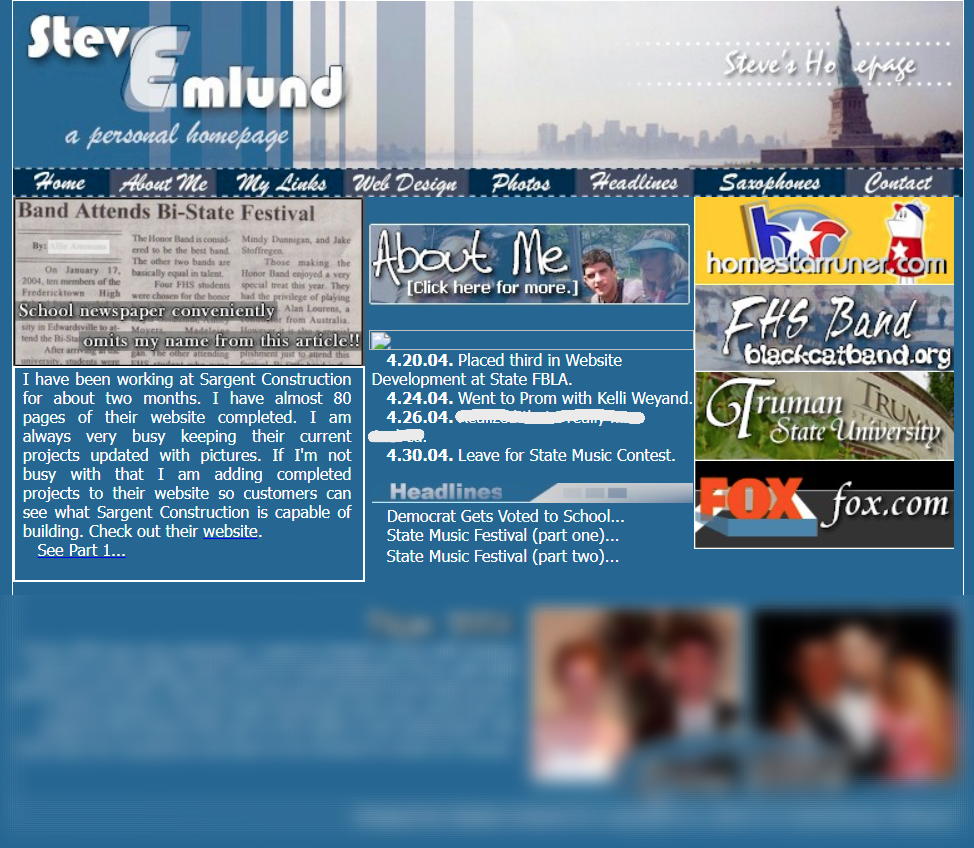 Screenshot of a personal website with a blue background