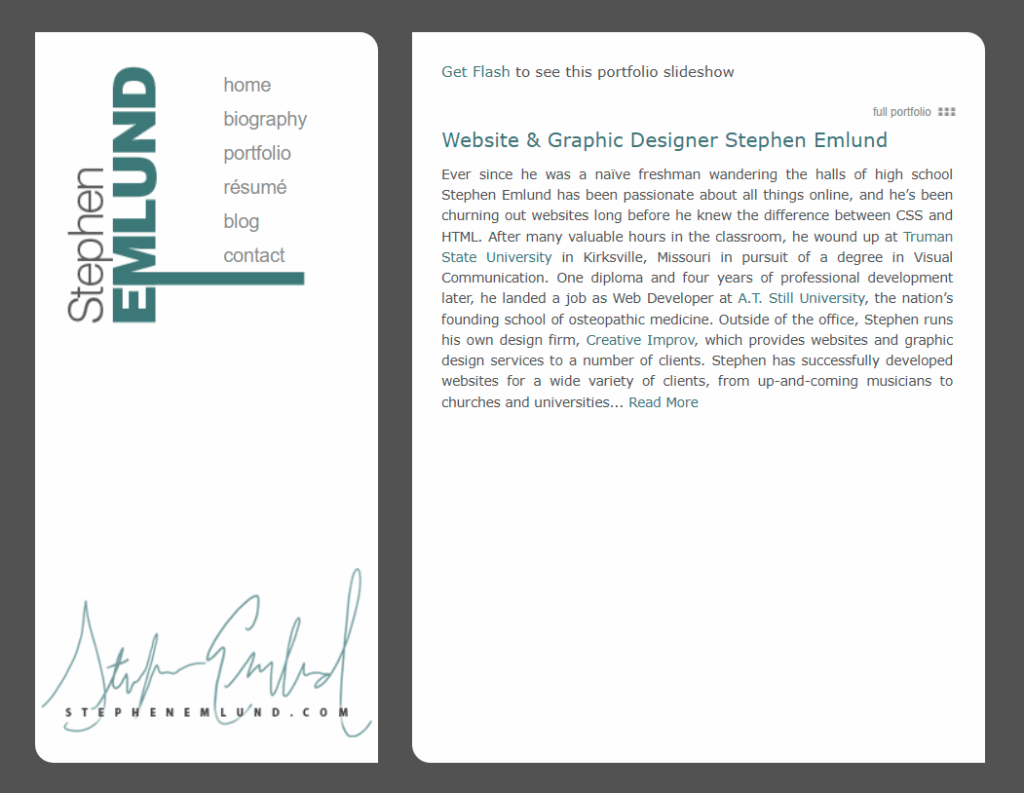 Screenshot of a website with a white background - that is about Stephen Emlund